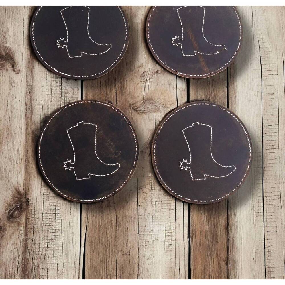 NEW WESTERN LINENS boot tooled leather coasters set in brown